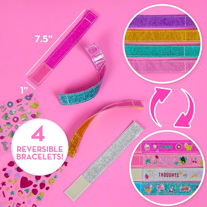 Barbie Sparkle Bracelet Making Kit, 4 Reversible Shimmery Bracelets, 100+ Traditional and Puffy Resin Stickers, DIY Friendship Jewelry, Girls Toys, Arts and Crafts for Kids Age 8-12, Gifts for Girls