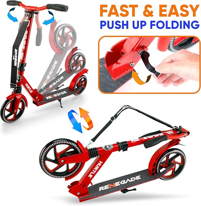 Compact Kick Scooter for Teens - Folding Stand Kick Scooters w/Adjustable Height, Alloy Anti-Slip Deck, 8” Wheels, Mud Guard Front Wheel, for Kids, Boys/Girls 8+-Year-Old - Hurtle HURTSBU (Red)