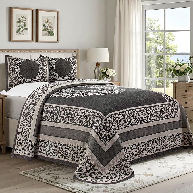 Superior Cotton Blend Bedspread Set, Includes 1 Tailored Bedspread and 2 Matching Pillow Shams, Lightweight Blanket, Bedding Decor, Jacquard Vintage Floral Mandala, Lyron Collection, King, Charcoal
