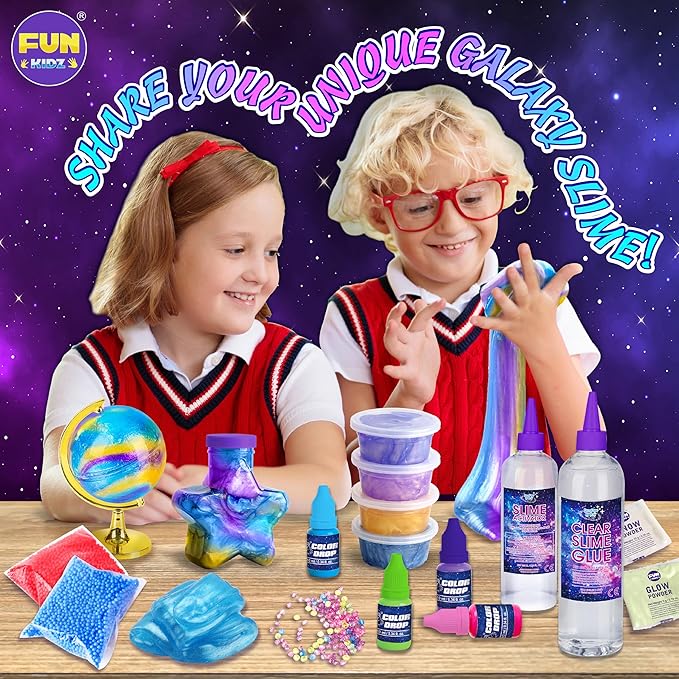 Toy Galaxy Slime Kit for Boys Girls 10-12, FunKidz Ultimate Metallic Slime Making Kit for Kids Ages 8-12 DIY Glow Galactic Globe Shape Fun Slime Gifts