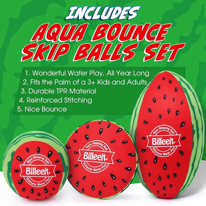 Billeeit 5Pcs Water Skipping Balls for Pool, Beach, Lake, River, Ocean Play, Floating TPR Bouncing Ball for Kids 3+ and Adults with 1 Football, 2 Round Balls, 2 Discs and Mesh Bag (Watermelon Theme)