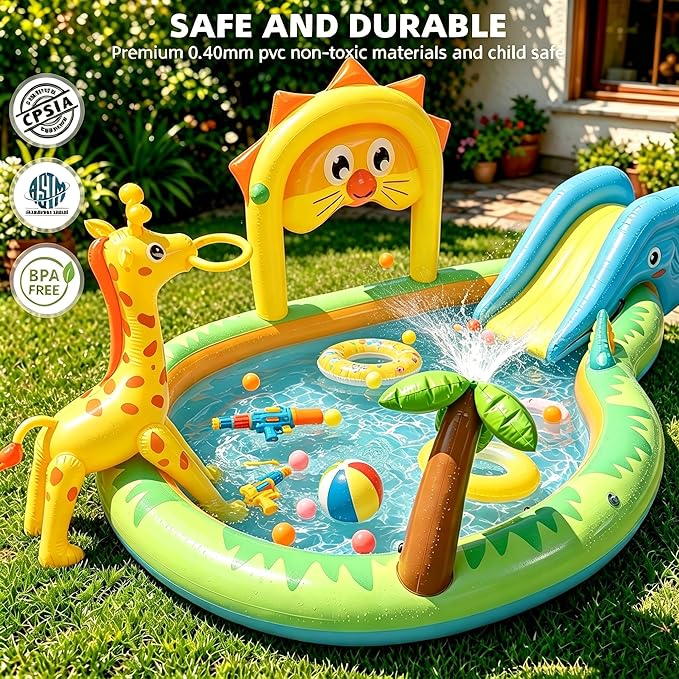 SULIFEEL 2026 Inflatable Jungle Kids Pool, Large Inflatable Toddler Happy Play Center with Water Slide & Sprinkler, 100" Blow Up Kiddie Splash Pad for Adventure Water Park, Backyard, Garden, Ages 2+