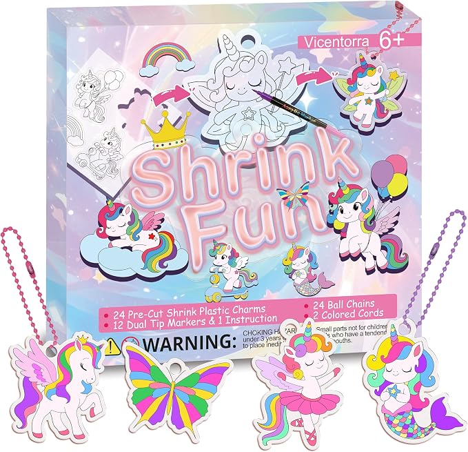 Vicentorra Shrinky Dink Sheets Keychain Making Kit with 12 Markers, 24 Pre-Cut Unicorn Plastic Charms, 24 Ball Chains, No Mess Art & Crafts Kits for Kids, 6+ Year Old Girl Birthday Gift Nice Packaging