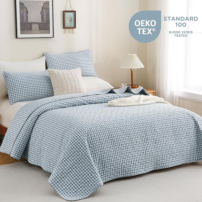 TOCOMOA Blue Gingham Quilt Bedding Set 100% Washed Cotton Bedspread Coverlet Like Linen Feel Soft Comfy Breathable 3 Piece Plaid Checkered Lightweight Comforter Set for All Season, Twin 68"x86"