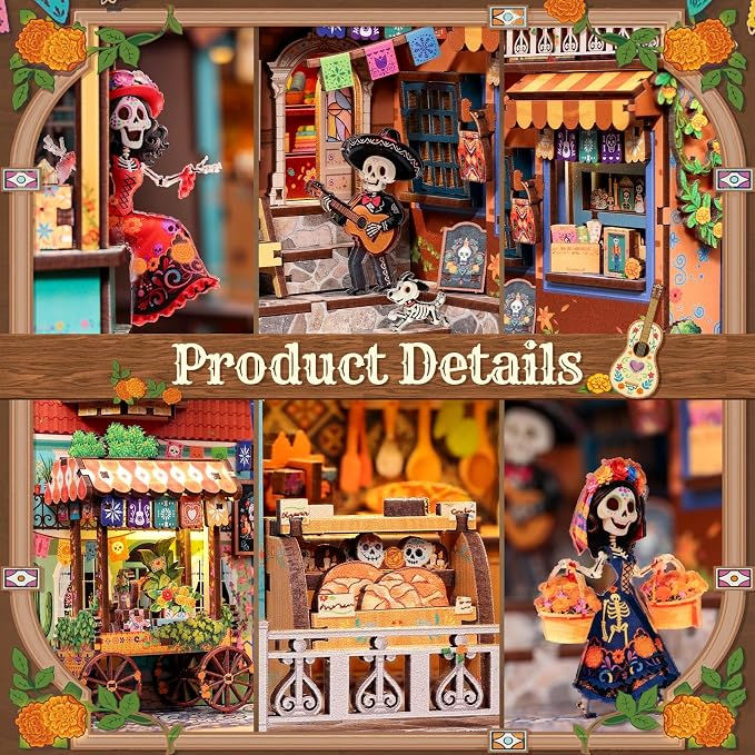 CUTEBEE Book Nook Kit - DIY Miniature House Kit for Adults, 3D Wooden Puzzle Bookshelf Insert Decor, Day of the Dead Booknook, Mexican Folklore LED Miniature Kit, Unique Gifts (Plaza de Los Muertos)