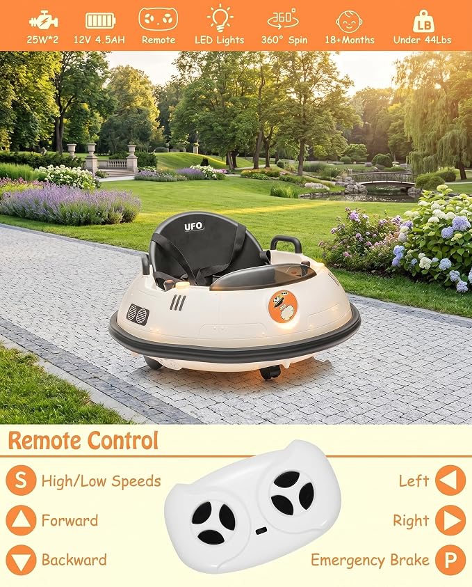 Garvee 12V Kids Ride On Bumper Car with Parental Remote Control, 360° Spin Electric Toddler Bumping Car, LED Lights, Safety Belt & Music, Ride On Cars for 18 Months+ Toddlers