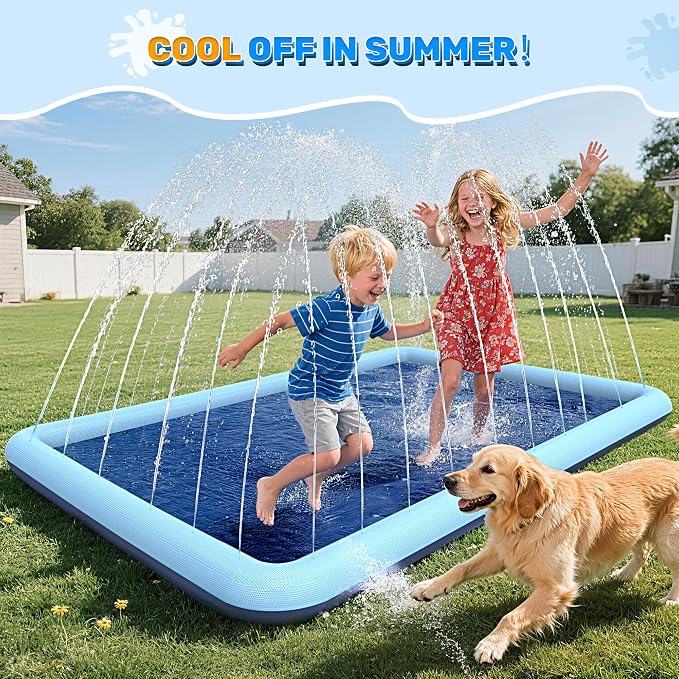 97"x 67" Splash Pad for Dogs, Rantangle Splash Pad for Kids Ages 4-8, Splash Pads for Toddlers 1-3, Dog Sprinkler Shallow Pool, Outdoor Water Toys for Backyard, Teal(5.5 x 7 ft)