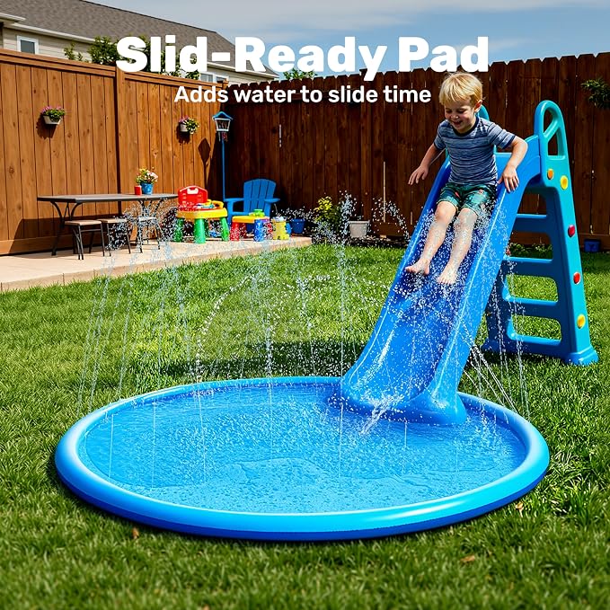 SLOOSH 60" Non-Slip Splash Pad Sprinkler - Outdoor Water Toys Play Mat for Toddlers Kids Dogs, Outside Thickened Sprinkler Pool Party Durable Backyard Fountain for Girls Boys Pets (60in, Blue)