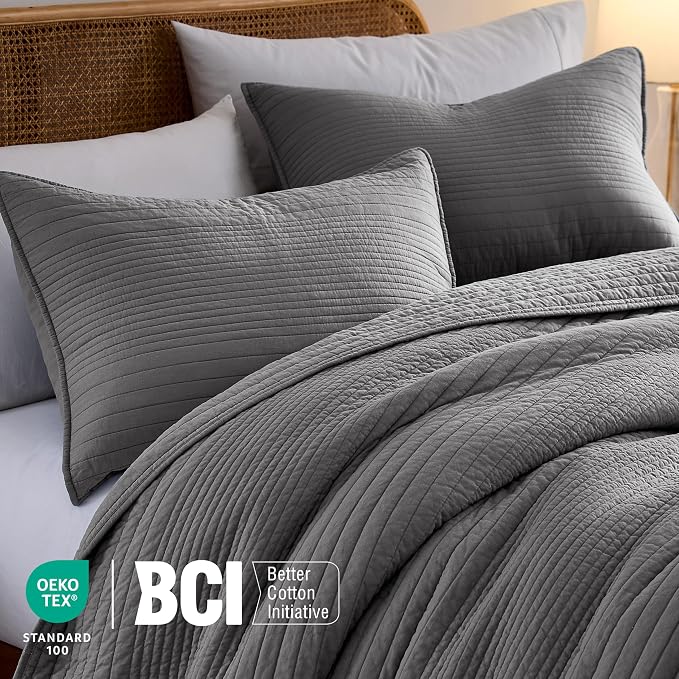palassio Striped Dark Grey 100% Cotton Quilt King Size Bedding Sets, Lightweight Crinkly Channel Pick Stitch Textured Bedspread Soft Shabby Chic Farmhouse Country Coverlet for All Season, 2 Shams