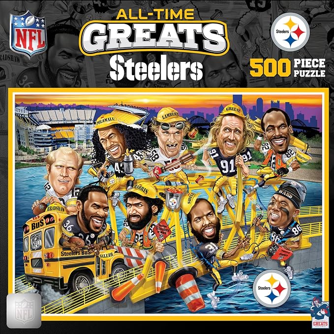 MasterPieces NFL Steelers Puzzle 500 Piece Jigsaw Puzzle, Officially Licensed Pittsburgh All Time Greats Artwork, Bold Player Caricature Design, Eco Friendly Materials, 15 x 21 Sports Collectibles