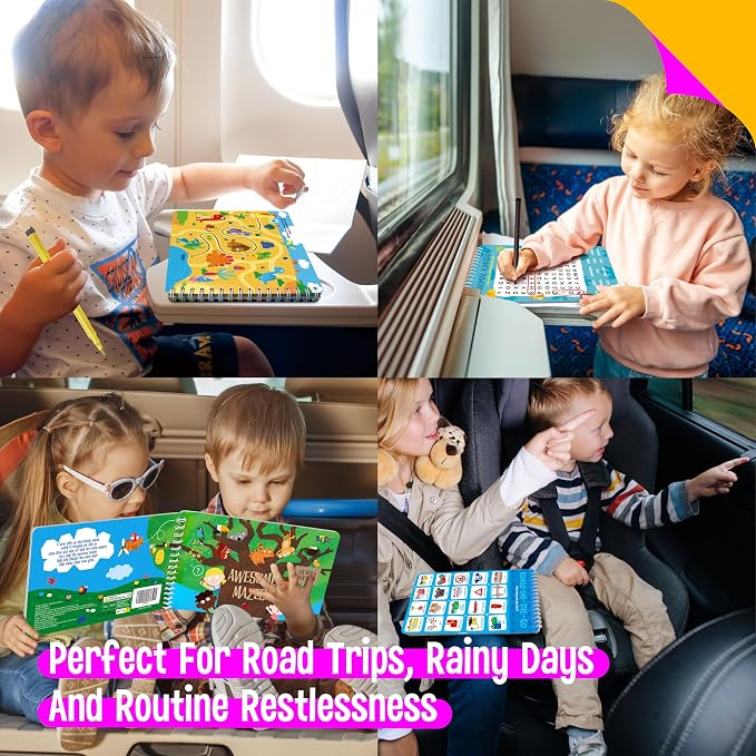SpriteGru 2 Travel Game Pads, 61 Dry Erase Activities Games Reusable & Erasable Book, Fun Brain Challenge Games Interesting Educational Toy and Learning Tool for Road Trip Airplane Travel