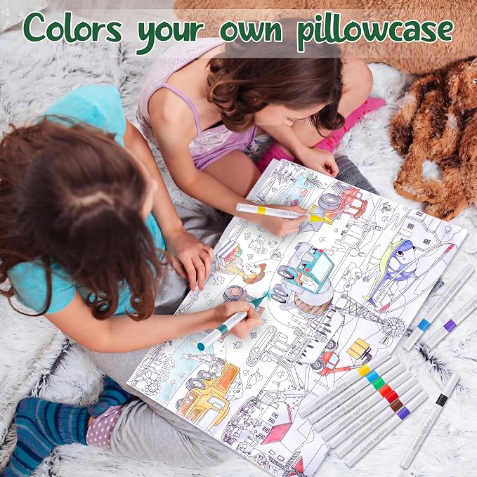 Mindsoft Coloring Craft Coloring Pillowcase Pillowcase with 12 Pcs Markers Pens for Decoration Supplies Craft, 28.7 x 19.7 Inch (Construction)