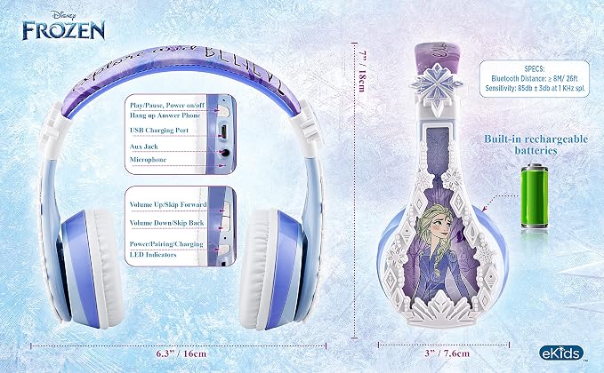 eKids Disney Frozen 2 Bluetooth Headphones with Microphone, Volume Reduced to Protect Hearing, Adjustable Wireless Headphones for School Home Travel, for Fans of Anna and Elsa