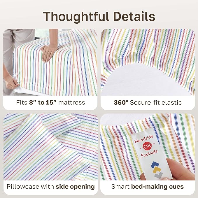 California Design Den Soft Twin XL 100% Cotton Sheet Sets, 400 Thread Count Good Housekeeping Award Winner, Smooth Sateen Finish, Cozy and Durable Twin XL Bedding Set - Rainbow Stripe