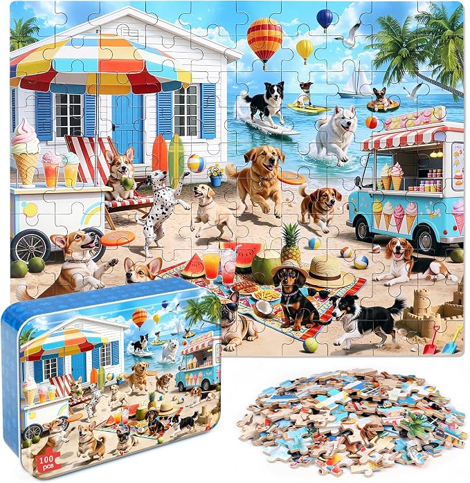 MZZOTOY Dog Beach Party Puzzle for Kids Ages 4-8, 100 Pieces Jigsaw Puzzles for Kids Ages 3-5， Learning Educational Puzzles Toys Great Gift for Boys Girls in a Metal Box