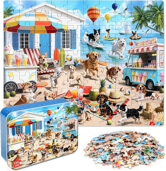 MZZOTOY Dog Beach Party Puzzle for Kids Ages 4-8, 100 Pieces Jigsaw Puzzles for Kids Ages 3-5， Learning Educational Puzzles Toys Great Gift for Boys Girls in a Metal Box
