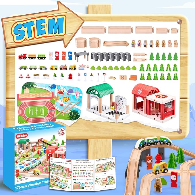 Wooden Train Set 175-Piece for Toddlers Kids Ages 3-8, Double-Sided Expandable Train Track with Puzzles & Magnetic Fishing Toys Compatible with Major Brands, STEM Railway Playset Gifts for Boys Girls