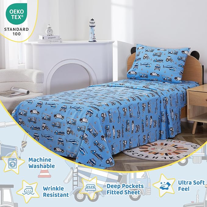 Viviland 3 Pieces Boys Police Car Twin Sheet Set - Soft Microfiber Fitted Flat Sheets & Pillowcase Bed Sheet Set - Blue Airplane Print Bedding Sets for Kids