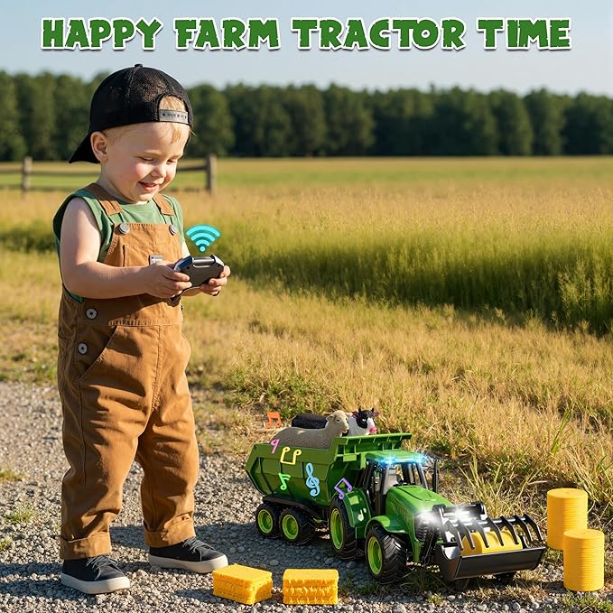 Funwee RC Farm Tractor Toy w/Light & Music, Kids Truck Toy w/Front Loader & Farm Animal, 2.4GHz RC Tractor Trailer for Boys & Girls, Toddler Vehicle Car Playset Age 3-8+ Year Old Gifts (Bright Green)