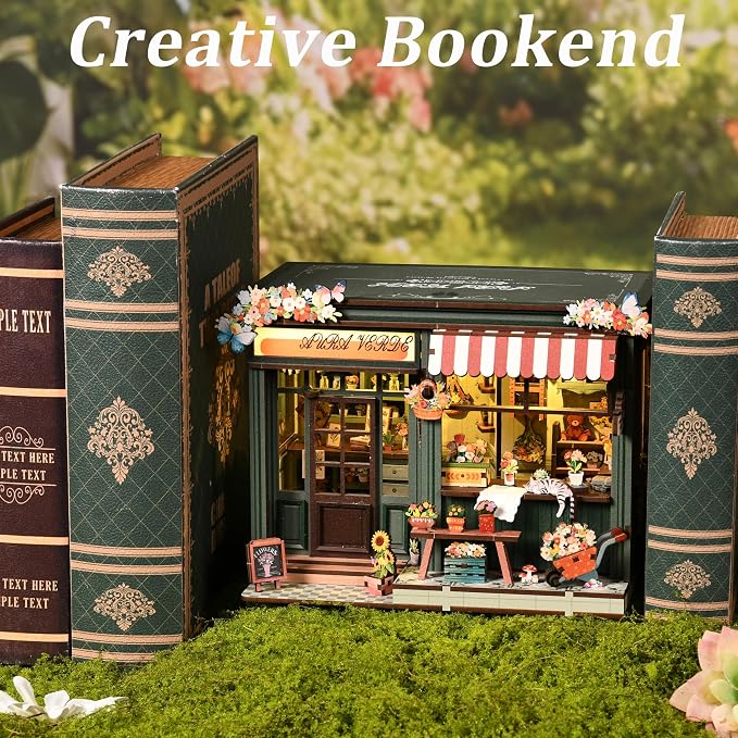 ISSEVE Florist Book Nook Kit for Adults Miniature House Kit Booknook Decor | Gifts for Book Lovers Friends Holidays, Bookshelf Insert Decor, DIY Crafts Kit,3D Wooden Puzzle, 259Pcs, 3-5 Hrs Build