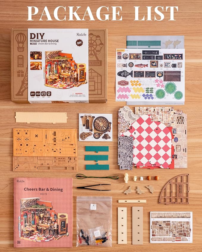Rolife DIY Miniature House Kit for Adults, Cheers Bar Mini Wooden Dollhouse 1:18 Tiny Building Diorama Mini Model House Kits Birthday Craft Hobbies Gift Home Decor for Friends Family