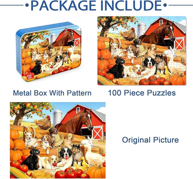 LELEMON Puzzles for Kids Ages 4-6,Pasture 100 Piece Puzzles for Kids Ages 6-8 in a Metal Box,Educational Jigsaw Puzzles,Childrens 100 Piece Puzzle Games Puzzle Toys for Girls and Boys