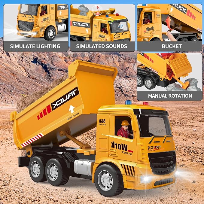 Remote Control Excavator and Dump Truck Toy Set - RC Construction Vehicles Toy with Barricades, Road Signs, Simulated Rocks, Lights and Sounds, Birthday Gifts for Toddlers 3-12 year Boys Girls
