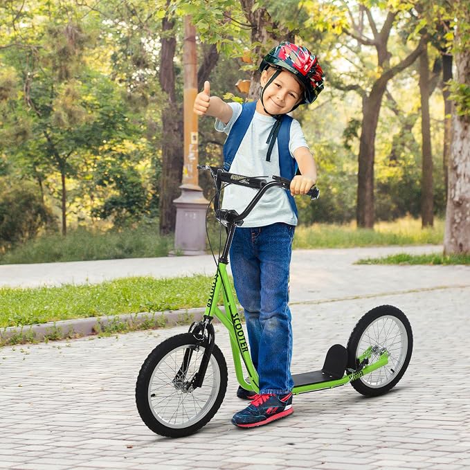 Aosom Youth Scooter Kick Scooter for Kids 5+, Max Load 220 LBS., with Adjustable Handlebar, 16" Inflatable Wheels, Dual Brakes