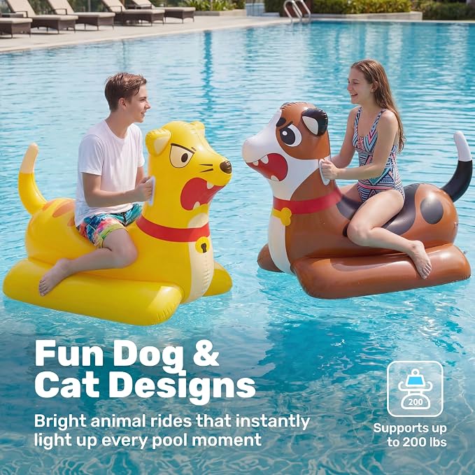 Sloosh Inflatable Pool Float Battle Game Set for Kids Adults-Includes 2 Giant Ride On Pool Toy Kitten & Puppy for Outdoor Swimming Party Family Activities