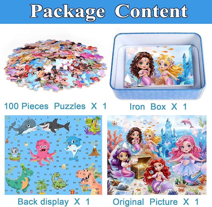 MZZOTOY Mermaid Princess Puzzle for Kids Ages 4-8, 100 Pieces Jigsaw Puzzles for Kids Ages 3-5， Learning Educational Puzzles Toys Great Gift for Boys Girls in a Metal Box