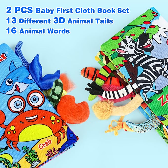Vanmor 2 Pack High Contrast Crinkle Baby Cloth Books 0-6 Months, Interactive Sensory Touch Feel Soft Busy Books for Infants, Tummy Time Car Seat Travel Essentials, Montessori Newborn Development Gift