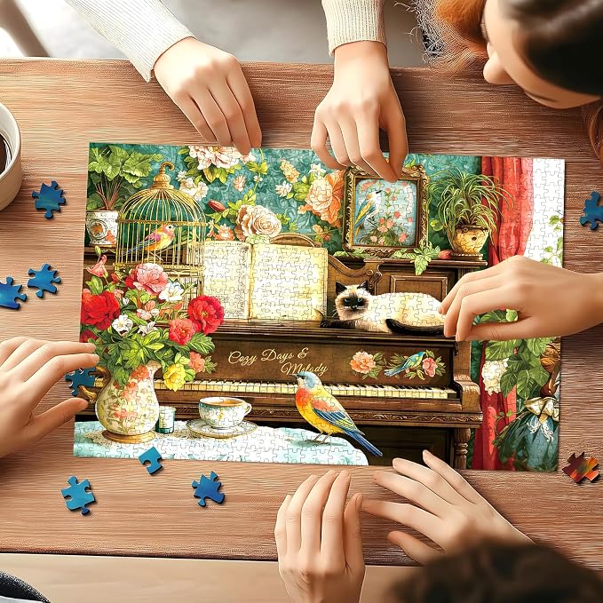 500 Piece Jigsaw Puzzle for Adults –Cat Piano Flowers Jigsaw Puzzles 500 Pieces, Vintage Floral Wallpaper Puzzles for Adults 500 Pieces, Challenging Perfect for Game Nights, 20.5 X 15 in
