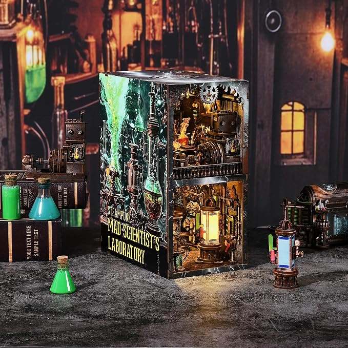 fifijoy Book Nook Kit - DIY Miniature House Dollhouse Kit for Adults and Teens, Steampunk Booknook Tiny House Bookshelf Decor 3D Wooden Puzzle (Mad Scientist Lab)