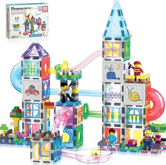 PicassoTiles 650PCS Magnetic Marble Run Tiles and Brick Combo Magnet Tile Building Blocks Magnet Set with Character Action Figures Educational Preschool Learning Toys for Kids Toddlers Ages 3+ PB650