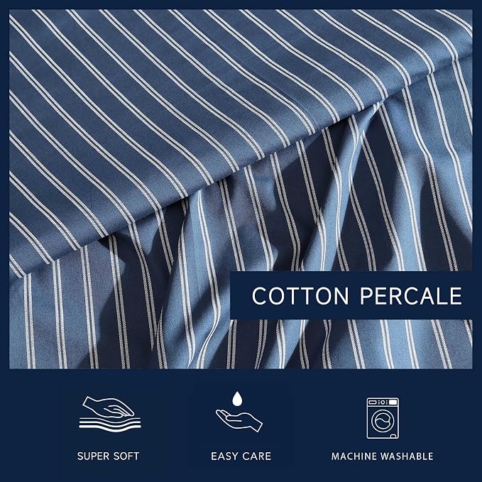 Nautica - Queen Sheets, Premium Cotton Percale Bedding Set, Striped Home Decor, Oeko-Tex Certified (Richmond Stripe Blue, Queen)