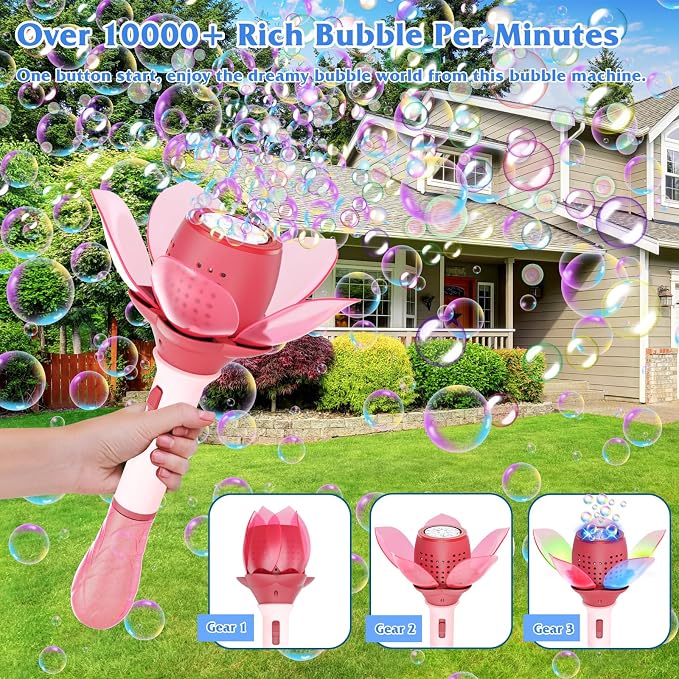Panamalar Electric Bubble Wand for Kids, Light Up Automatic Bubble Machine Blower with Lights/10000+ Bubbles/120ml Solution, Rechargeable Flower Bubble Wand Maker Toys for Outdoor Party Wedding