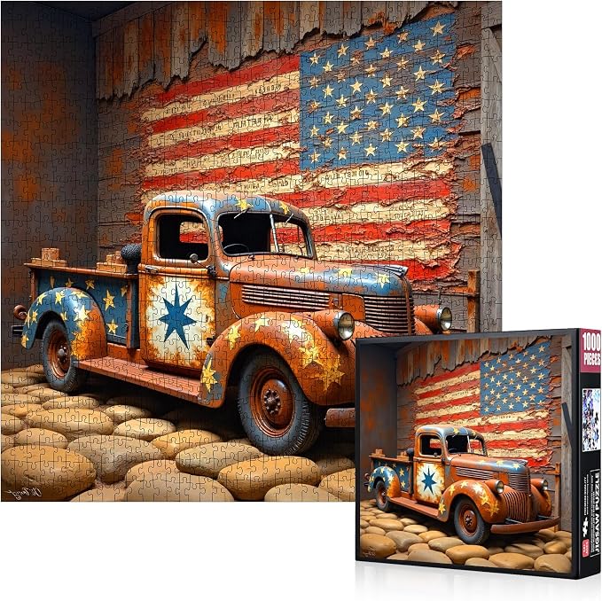 Vintage Truck Jigsaw Puzzle - Large 1000pcs Puzzle for Adults, Rustic American Flag Design, DIY Home Decor & Brain Teaser Game, for Holidays & Family Fun, Vintage Truck Theme