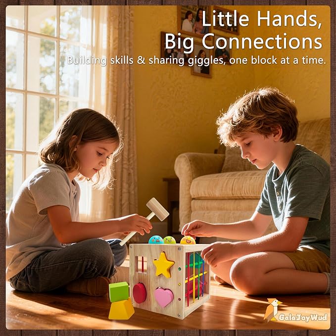 Wooden Activity Cube for Baby,Shape Sorters for Toddlers 1-3, Developmental Toy, Hammer Pounding & Sensory Blocks, Gift for Boys and Girls
