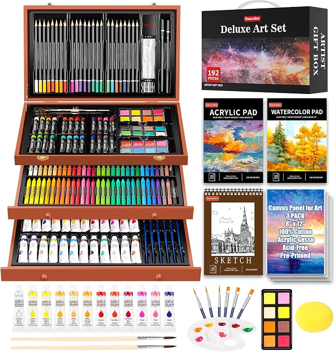 Soucolor Arts and Crafts Kits, 192-Pack Deluxe Art Set Coloring Drawing Painting Supplies Art Kit with Acrylic Pad, Watercolor Pad, Sketch Book, Canvases, Acrylic Paint, Crayons, Pencils