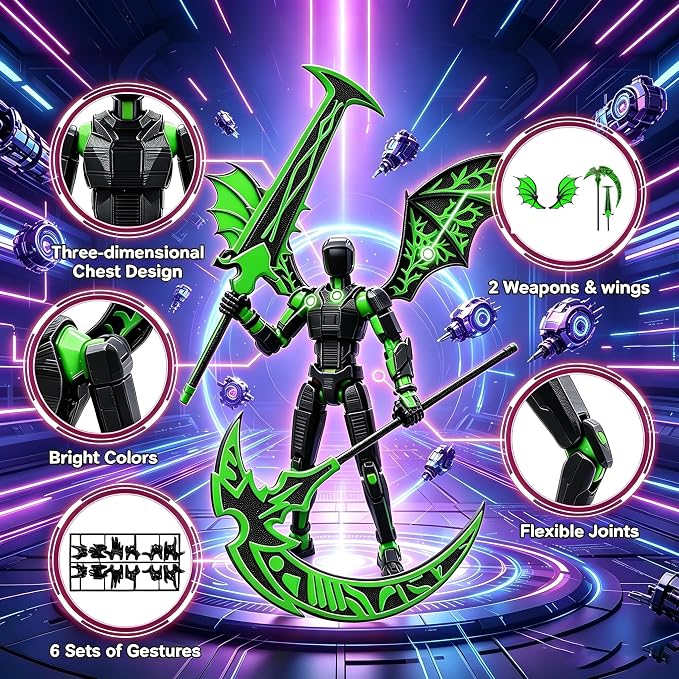 Titan 13 Action Figure Set Assembly Required, T13 3D Printed Action Figures with Weapons Accessories T 13 Lucky Robo Dummy Nova 13 Action Figures (Green Demon)