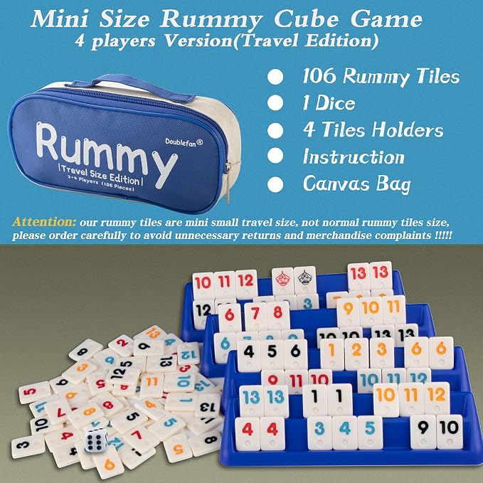 Doublefan Mini Rummy Cube Set, Mini Size Rummy Game with Portable Bag, Small Travel Game for Adult and Kids,106 Tiles, 4 Playing Rack, 1 Dice (2-4 Players)