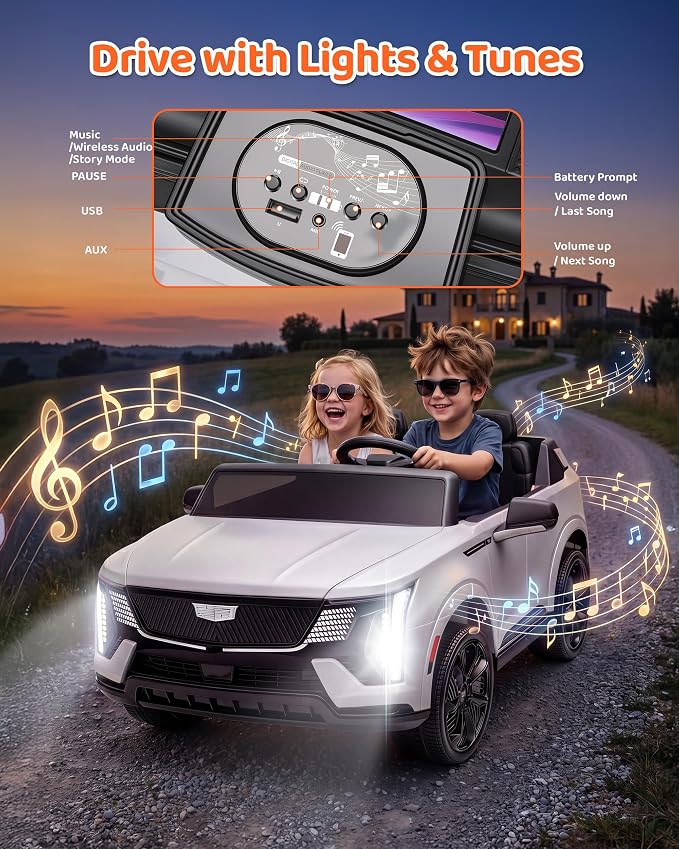 Firstness 2 Seater Ride on Car for Kids 24V Licensed Cadillac Escalade IQ Powered Wheels with Remote Control 400W Electric Ride on Toy with 3 Speed Light Music 7AH Battery Car for Kids Ages 3-8, White