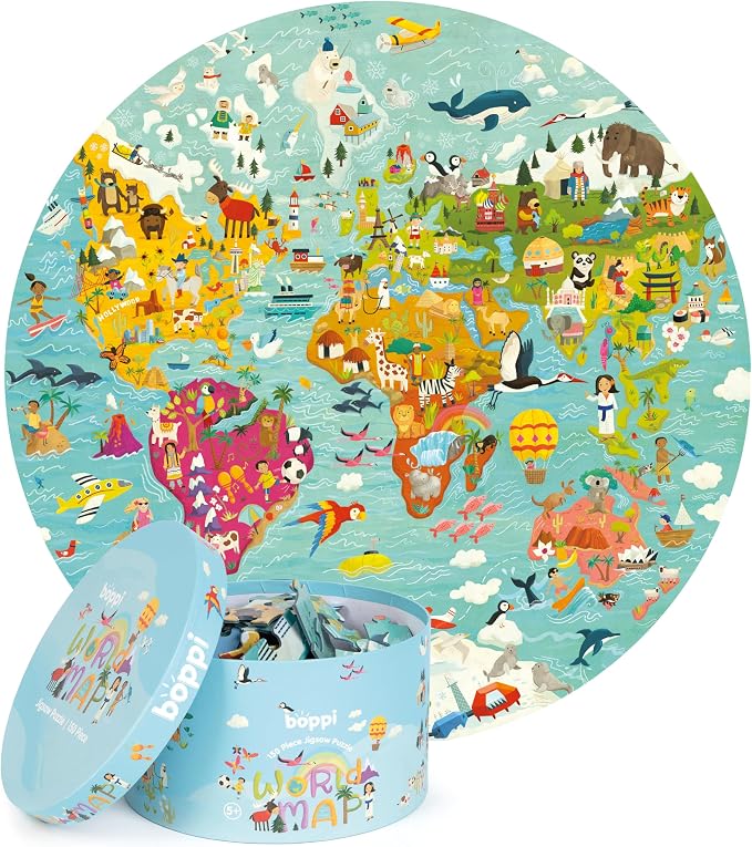 boppi World Map Round Jigsaw Puzzle with 100% Recycled Card 150 Pieces with Animals for Children 5 6 7 8 Years 58cm Diameter