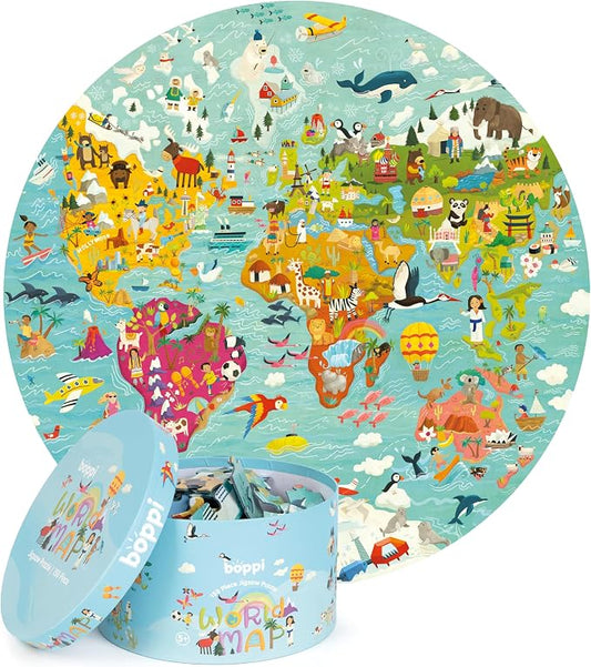 boppi World Map Round Jigsaw Puzzle with 100% Recycled Card 150 Pieces with Animals for Children 5 6 7 8 Years 58cm Diameter