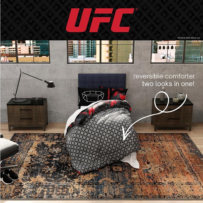 UFC Fight Night Bedding Set, Queen Size 7 Piece Set Super Soft Cozy Reversible Comforter and Sheet Set with Sham, (100% Officially Licensed Product) by Franco