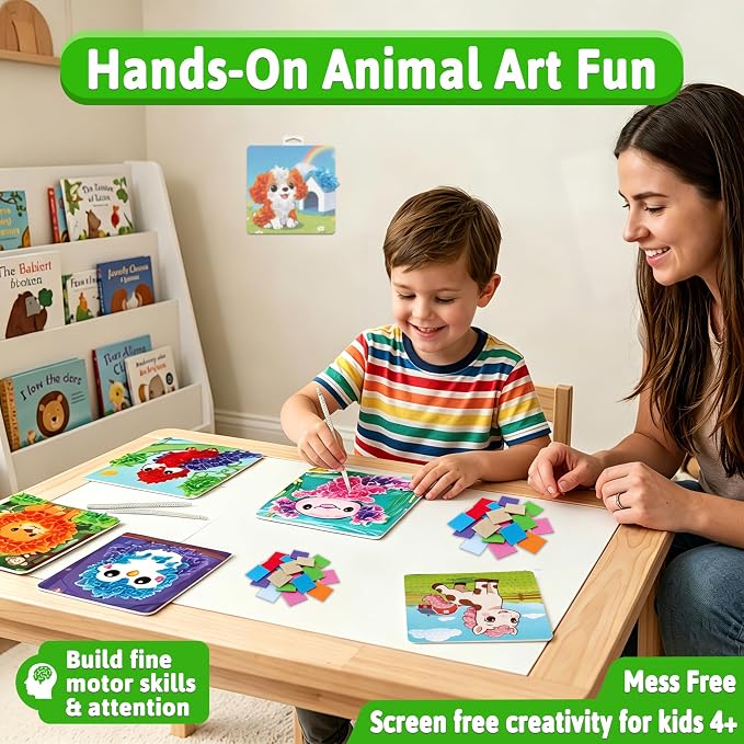AGENTLAN Animal Poke Art Kit,Mess-Free Crafts for Kids Ages 3-8 | 6 poke in animal designs, 3D Art, no glue, no mess, screen-free activity, travel craft