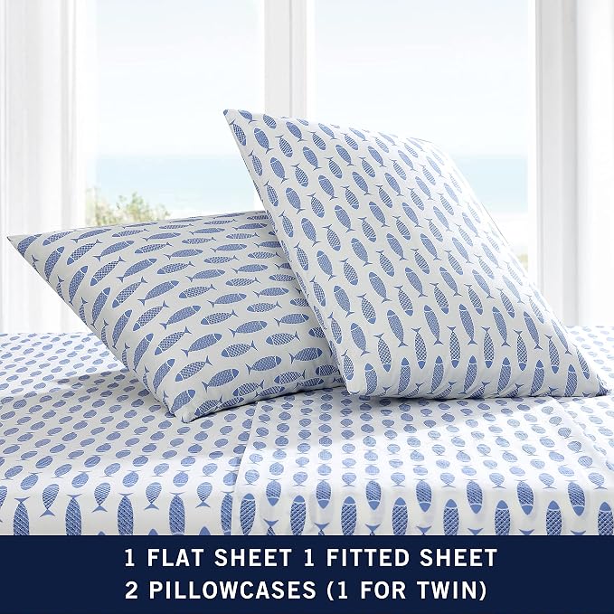 Nautica – Full Size Sheet Set, Crisp Cotton Percale Bedding with Matching Pillowcases, Lightweight & Breathable Bed Sheets, Deep Pocket, College Dorm Room Essentials (Woodblock Fish Blue)