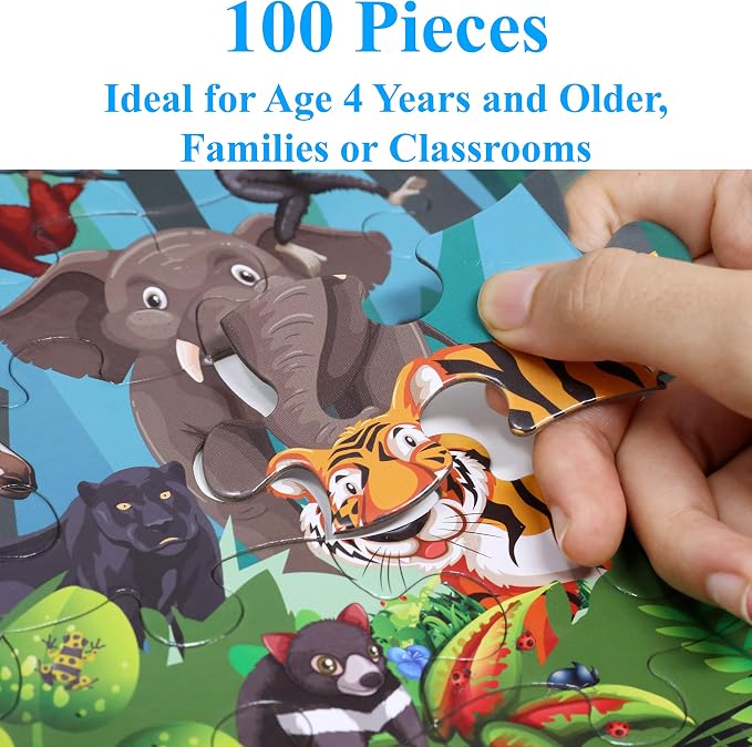 Think2Master Colorful Rainforest Jungle Zoo Animals 100 Pieces Jigsaw Puzzle.Great Gift 23.4” X 16.5”