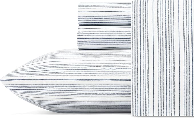 Nautica - Full Size Sheet Sets, Cotton Percale Bedding, Crisp & Cool, Coastal Home Decor (Beaux Stripe Navy, Full)