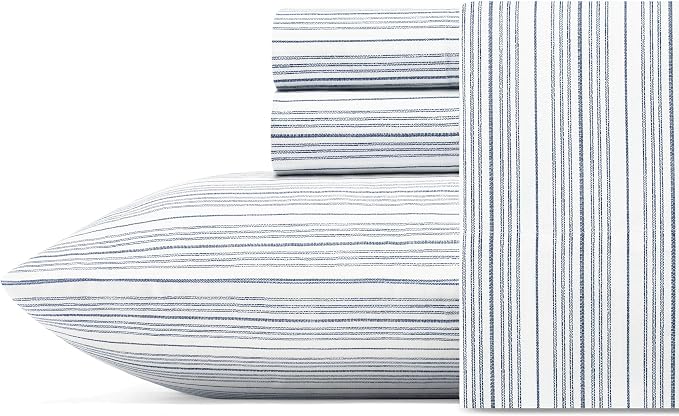 Nautica – Twin XL Size Sheet Set, Crisp Cotton Percale Bedding with Matching Pillowcase, Lightweight & Breathable Bed Sheets, Deep Pocket, College Dorm Room Essentials (Beaux Stripe Blue)